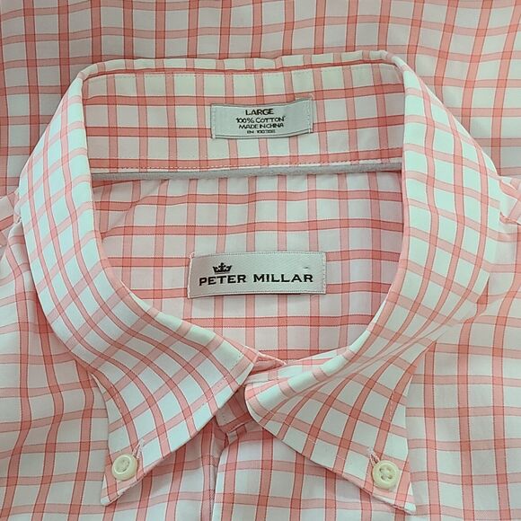 Peter Millar Men's Long Sleeve Button Up Shirt Pink White Plaid Large - Picture 6 of 7